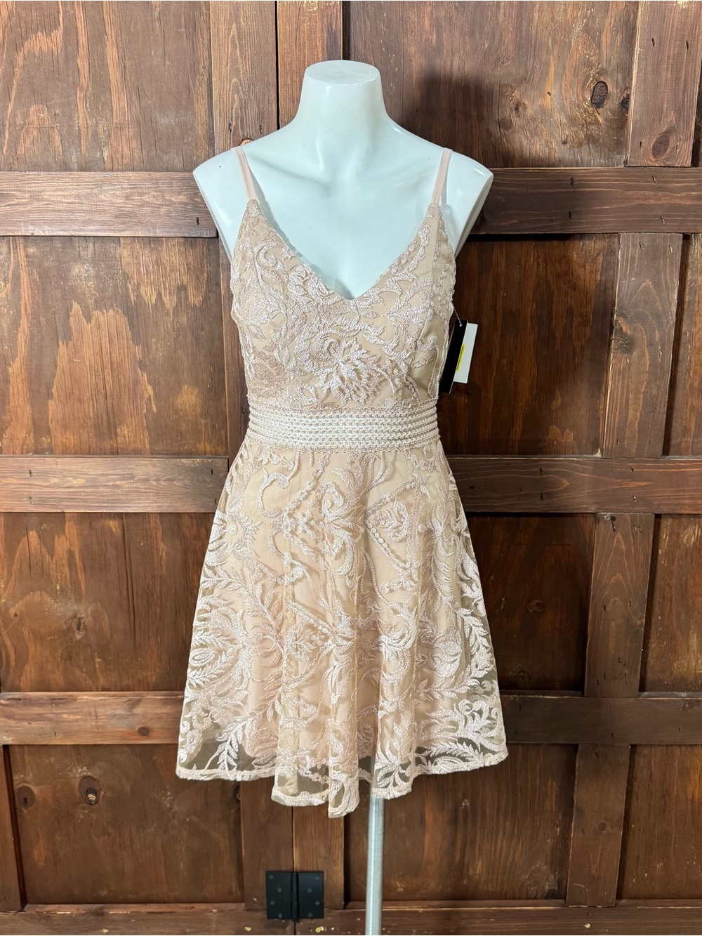 Xtraordinary Blush Lace Spaghetti-Strap Mini Dress